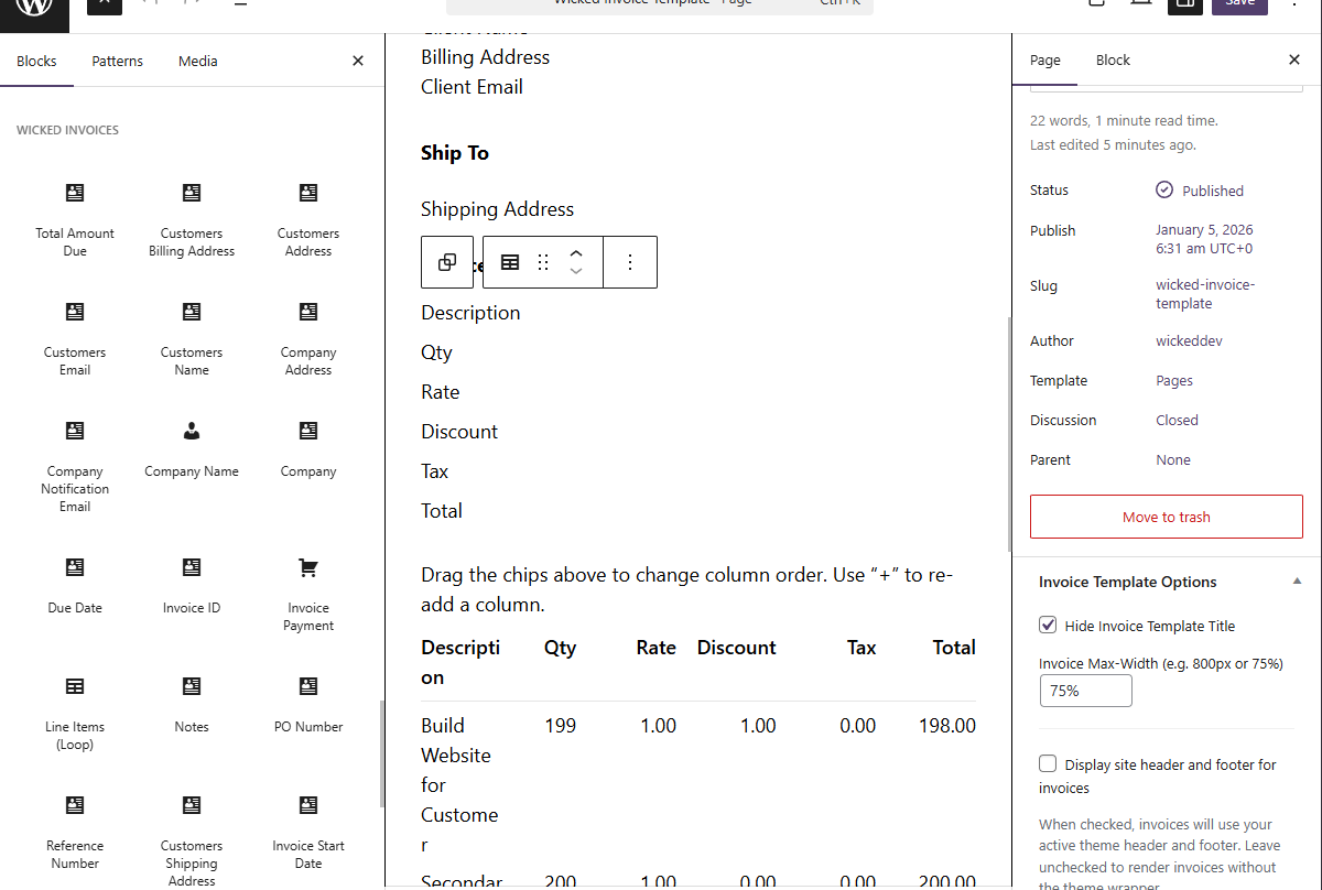 Default Invoice block editor template.