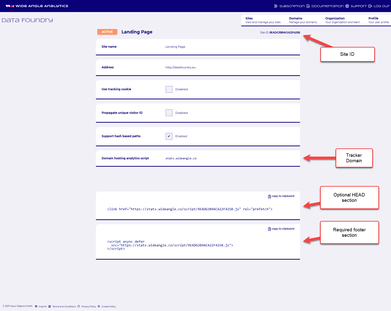 Your Site Setting in Wide Angle Analytics