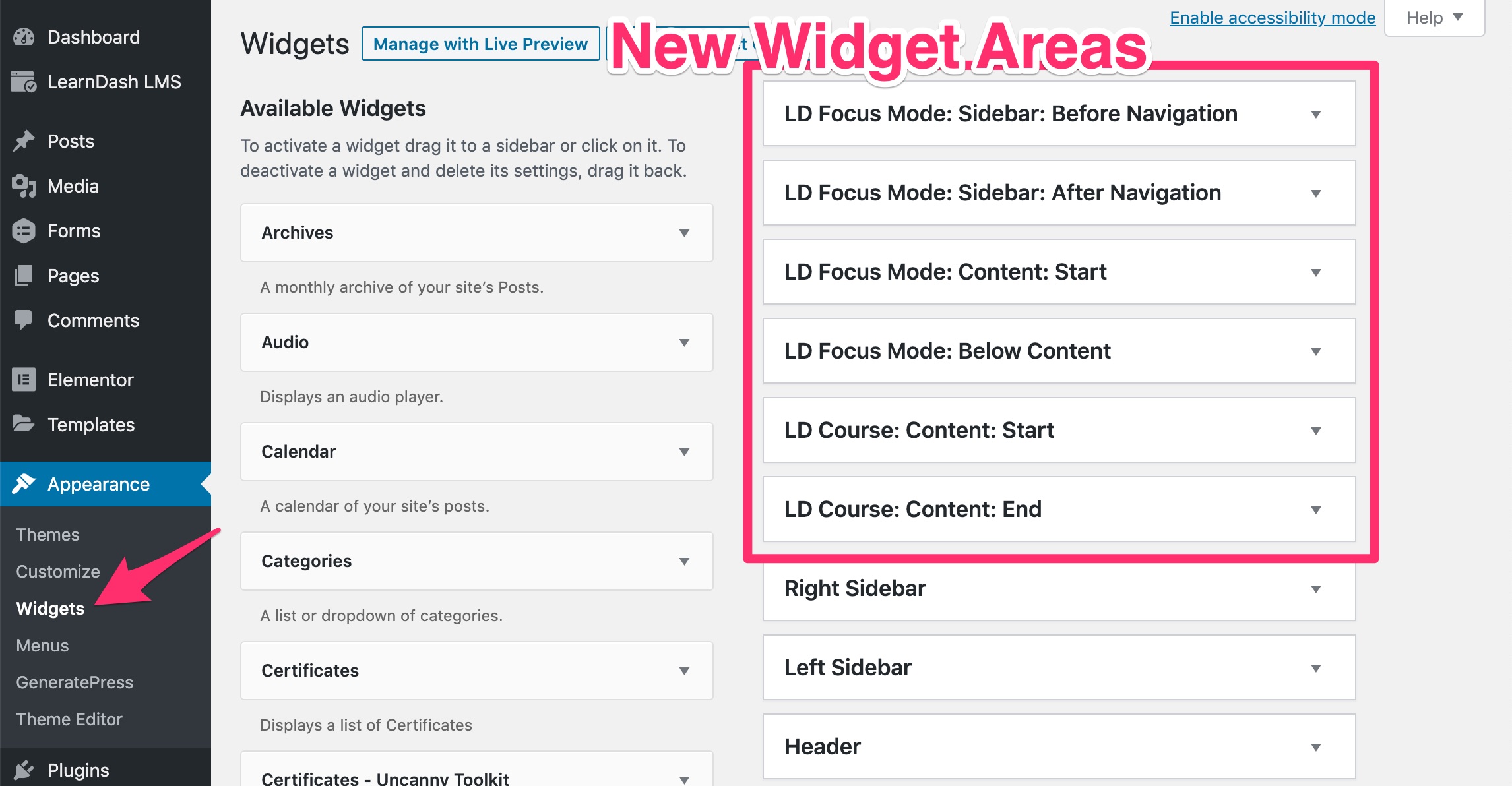 New LearnDash widget areas shown on the **Appearance > Widgets** screen