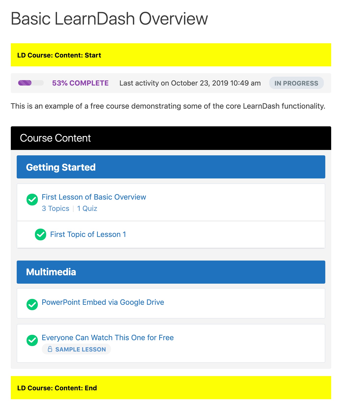 Visual location of the course content start & course content end widget areas (highlighted in yellow)