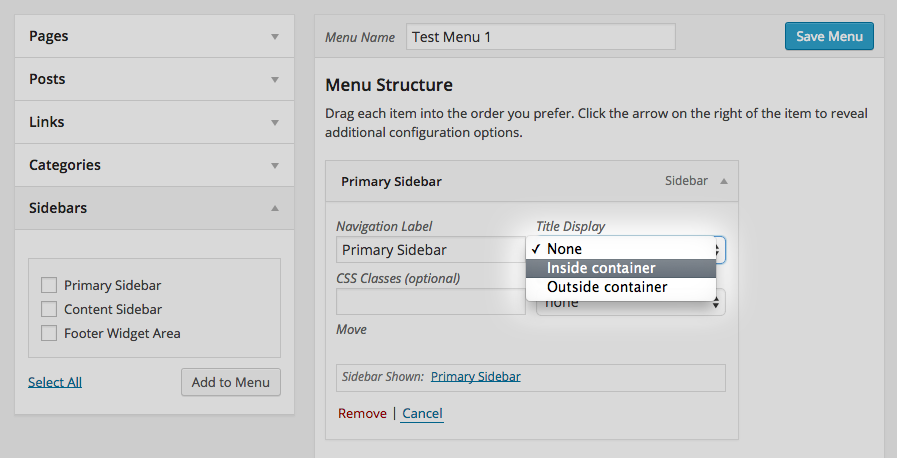 Options for displaying the menu item's "Navigation Label" -- in many cases it'll be best to set as "None".