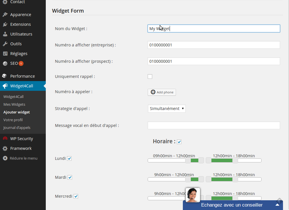 Widget form phone settings (Number to call, caller id to display, opening hours, etc.).