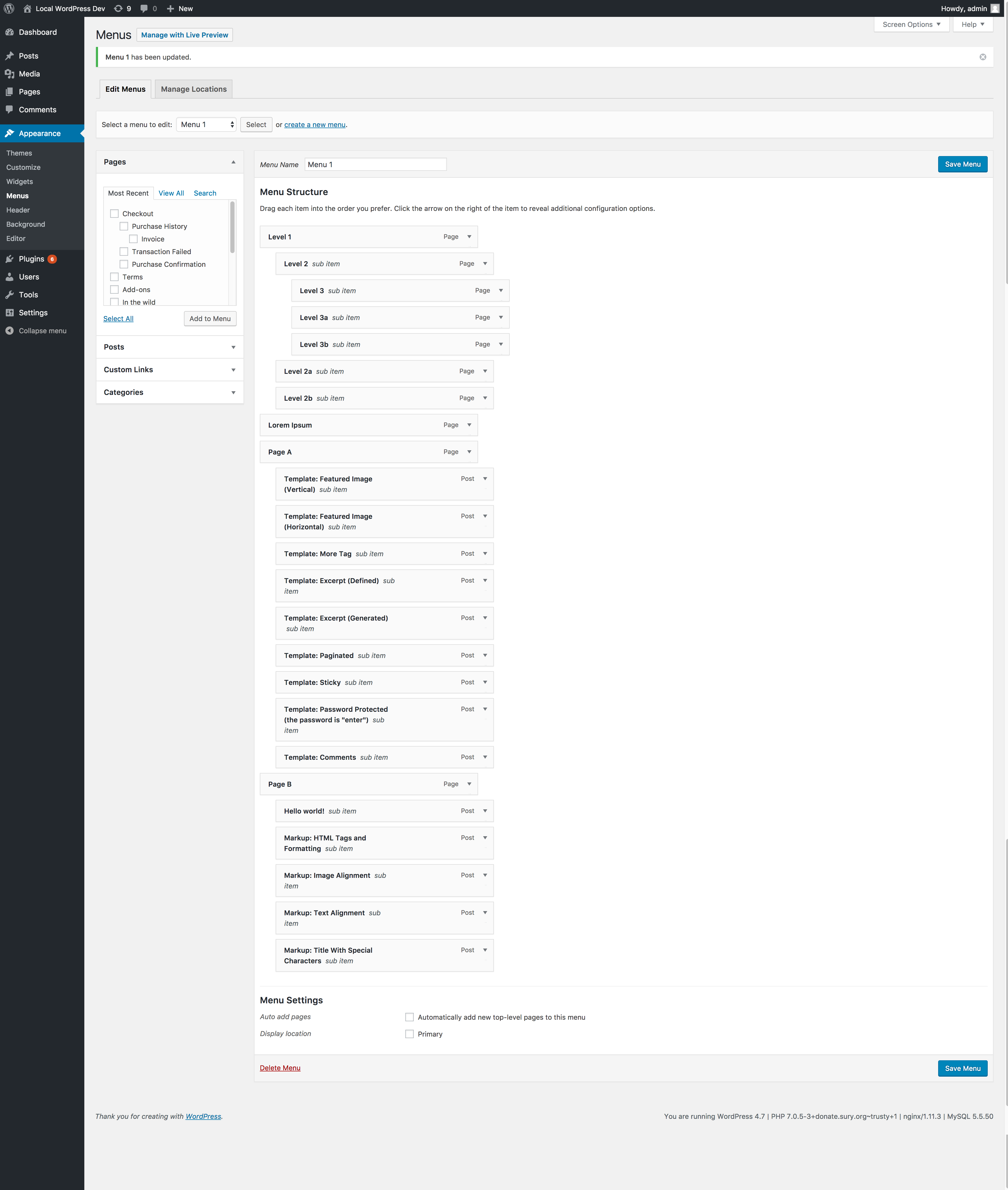 Default WordPress navigation menu UI