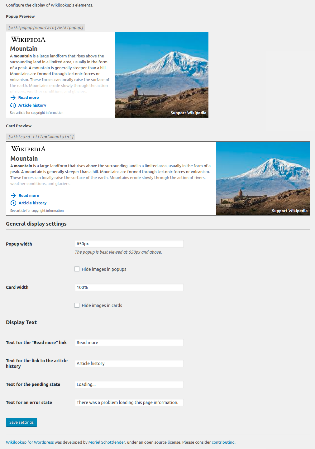 Wikilookup display settings