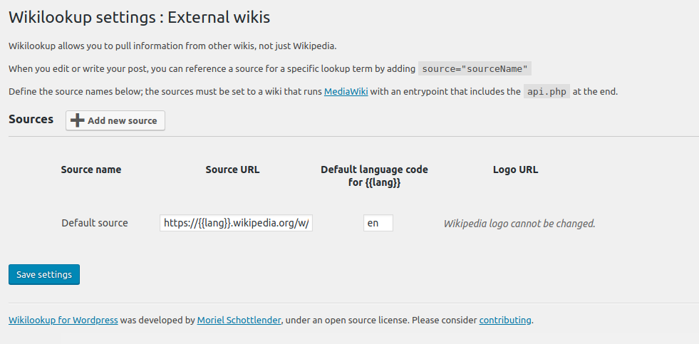 Wikilookup external sources settings