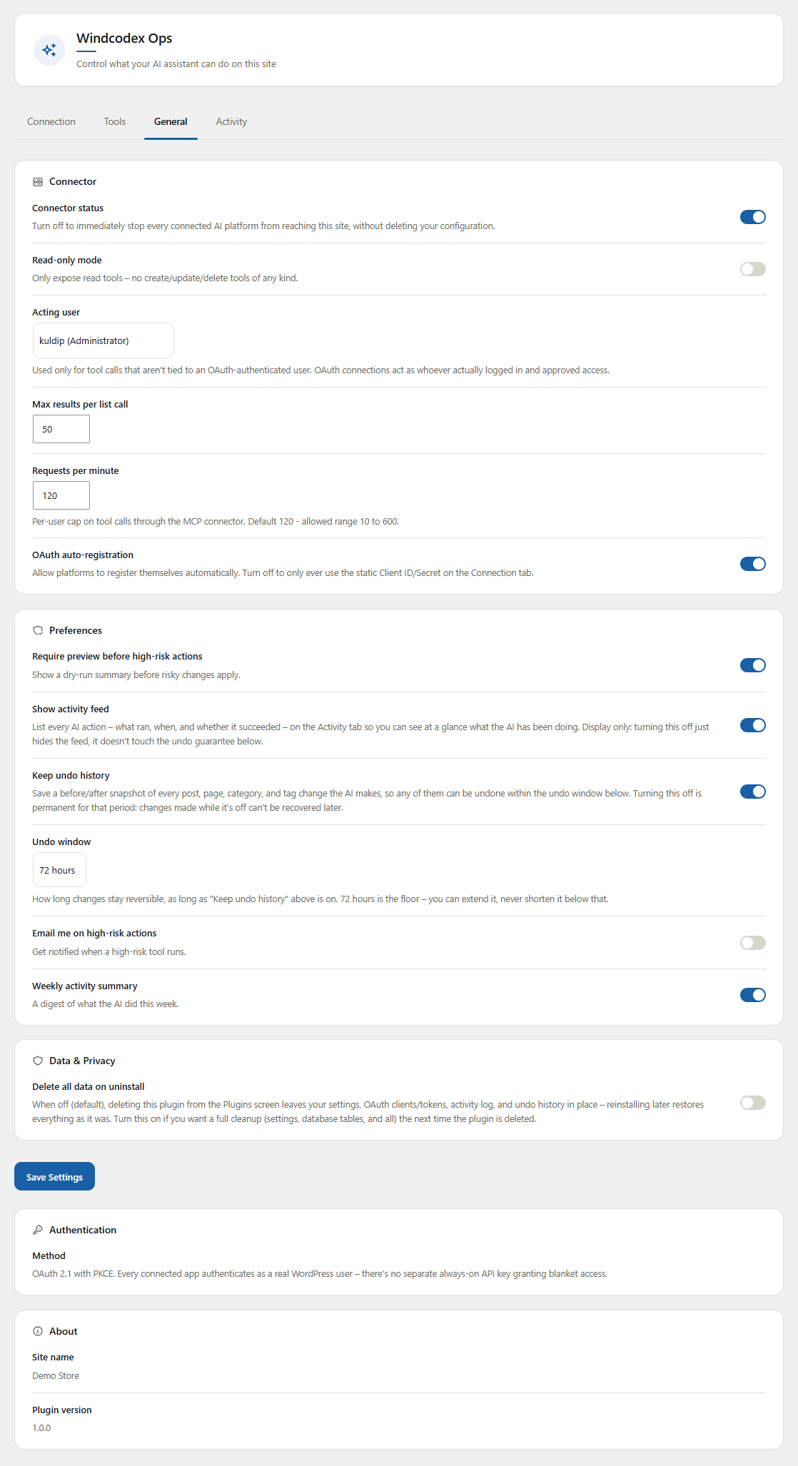 Settings > WindCodex Ops – General tab, including "Who can connect" and the Data & Privacy uninstall cleanup option.