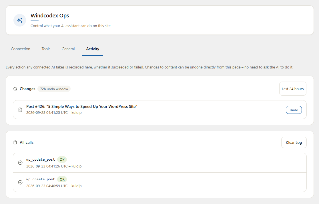 Settings > WindCodex Ops – Activity tab, showing the log of AI actions with what ran, when, and whether it succeeded.