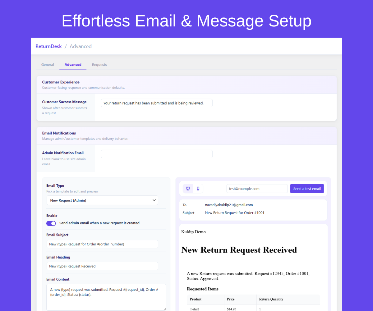 Email template and test-email settings.