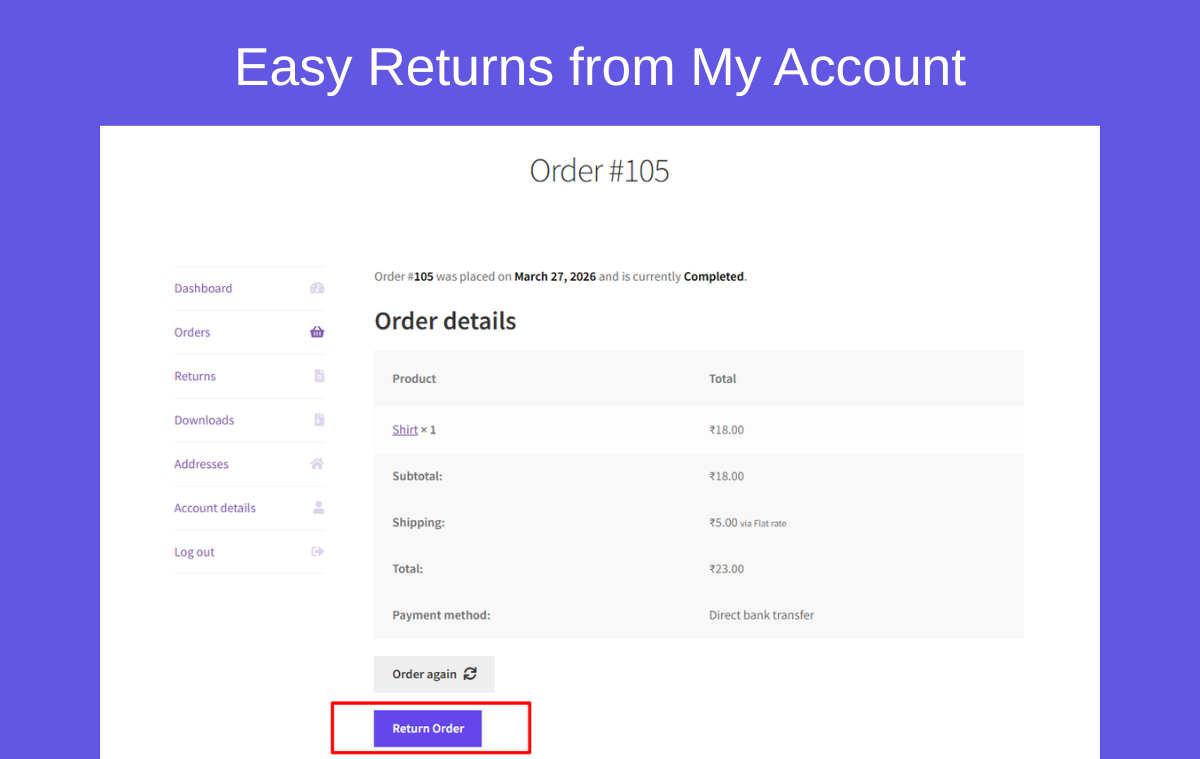 Customer return request page in My Account order view.