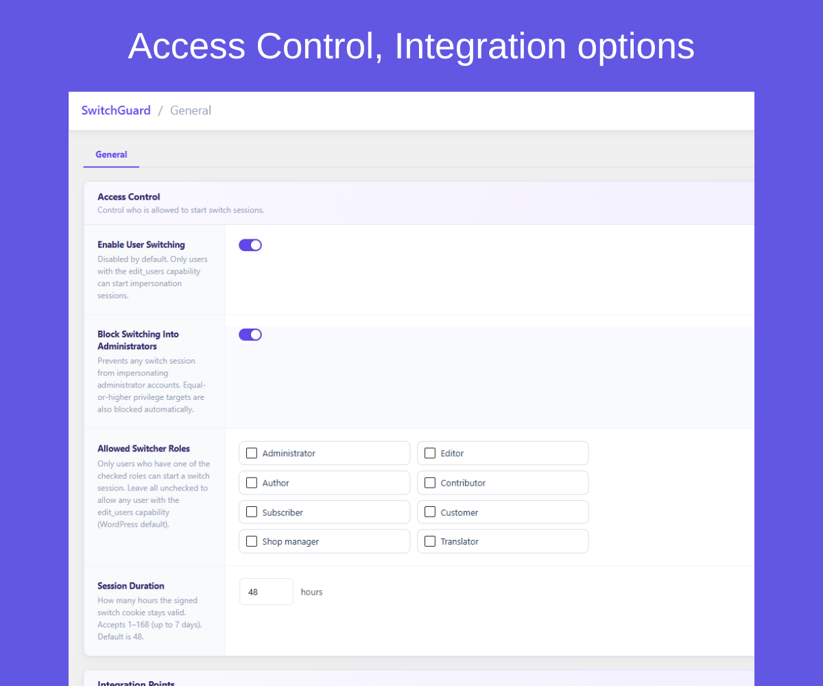 **Settings page** – Access Control, Integration Points, and session duration settings.
