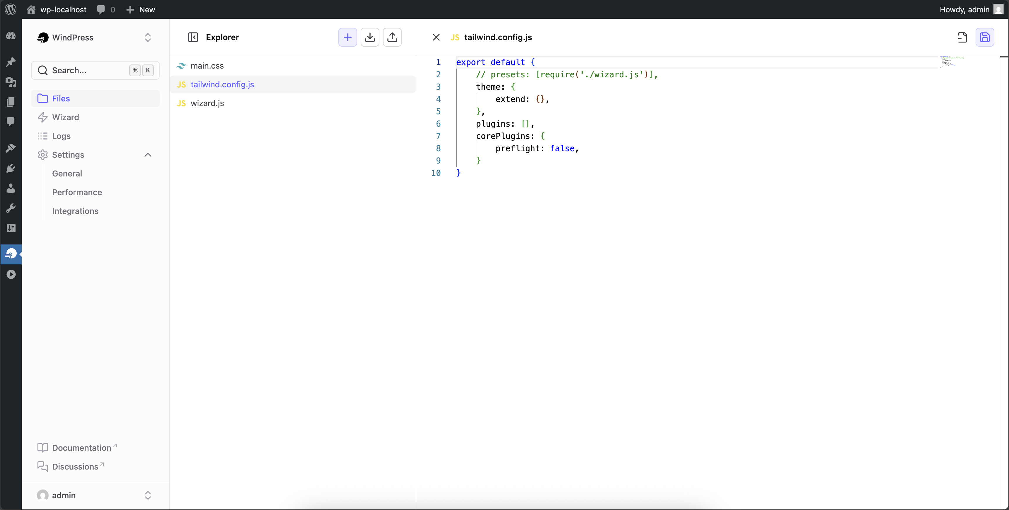 The `tailwind.config.js` file editor, which let adding the Tailwind CSS plugins.