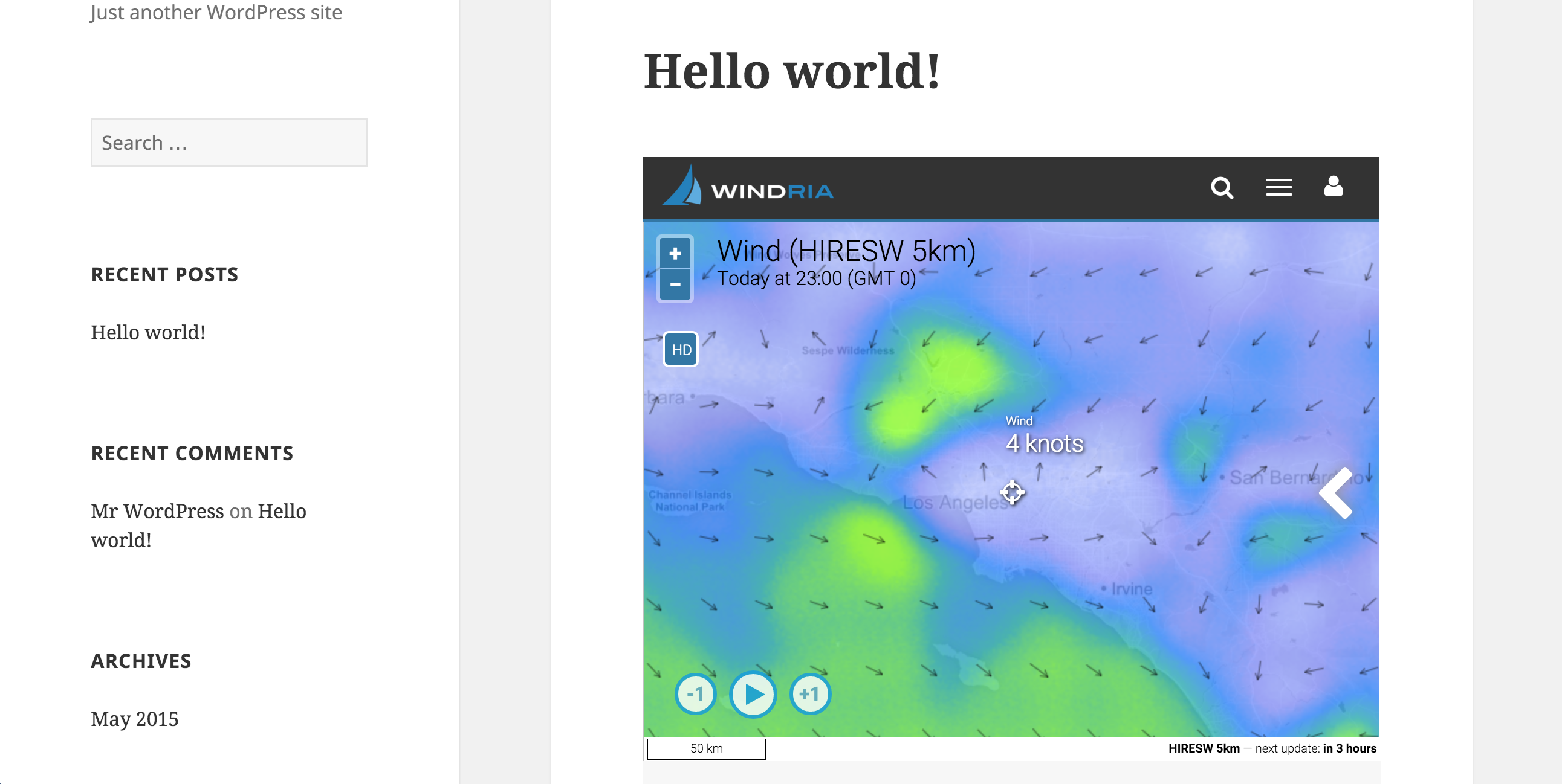 Demo of the Windria map on a WordPress page.