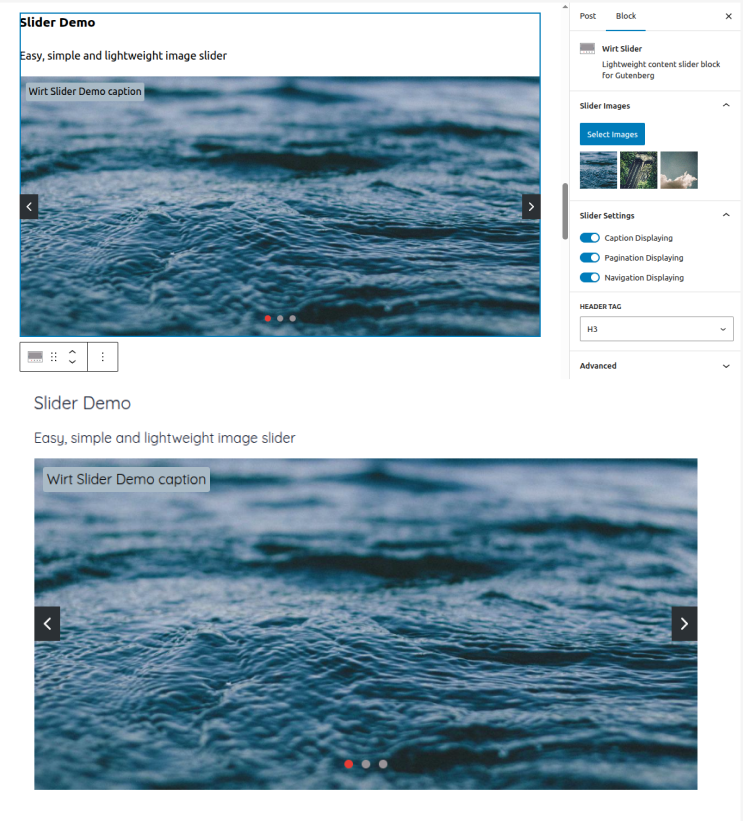 Demo slider on frontend with navigation buttons and dots.