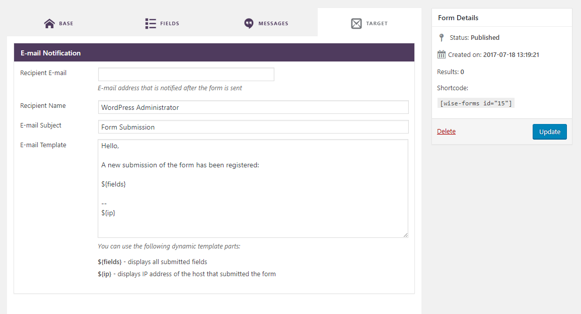 Form designer: e-mail notification.