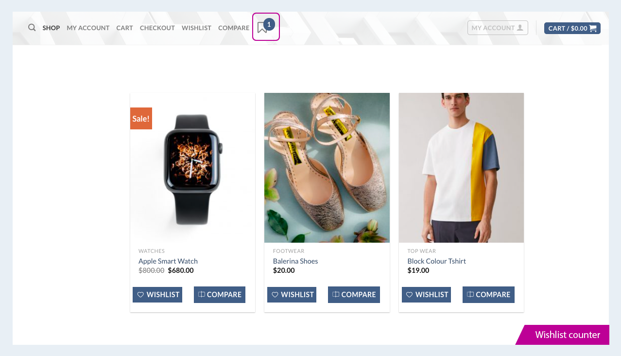 Wishlist shop page.
