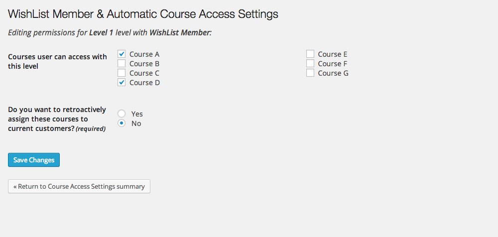 This is the screen where specific courses are selected to be associated with the membership level. The retroactive function will enroll students to courses that were recently associated to the membership level.