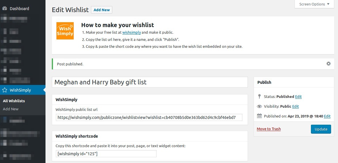 List published and short code visible.