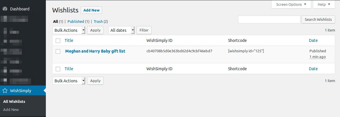 Overview of all the wish lists and their short codes.