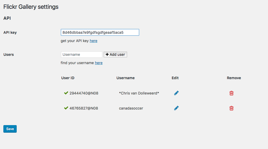 The Flickr Gallery settings page