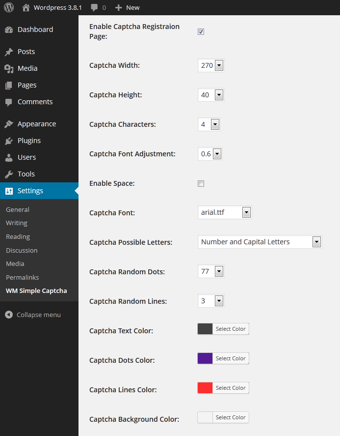 Captcha Image Settings.