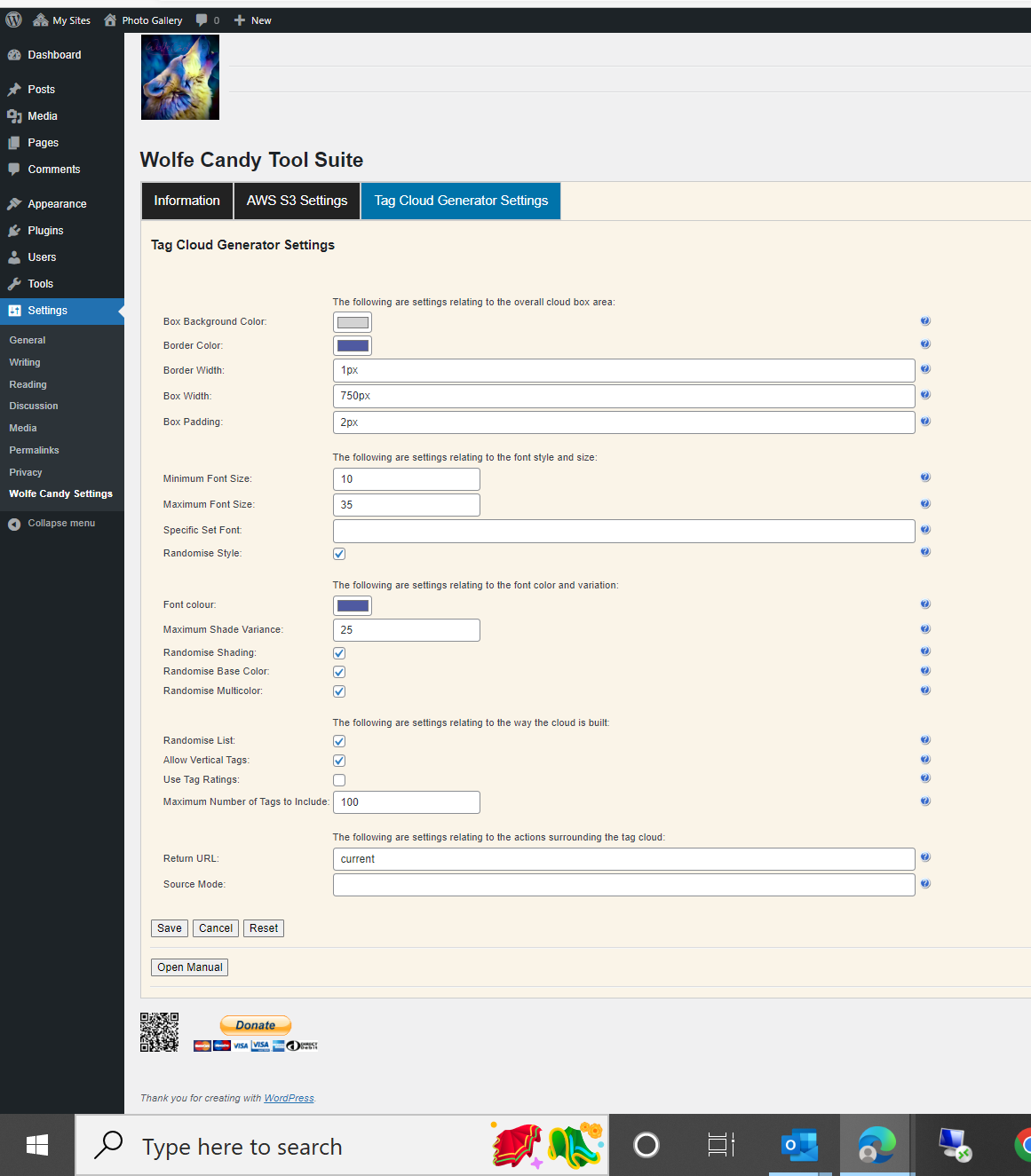 Options screen through the admin dashboard settings