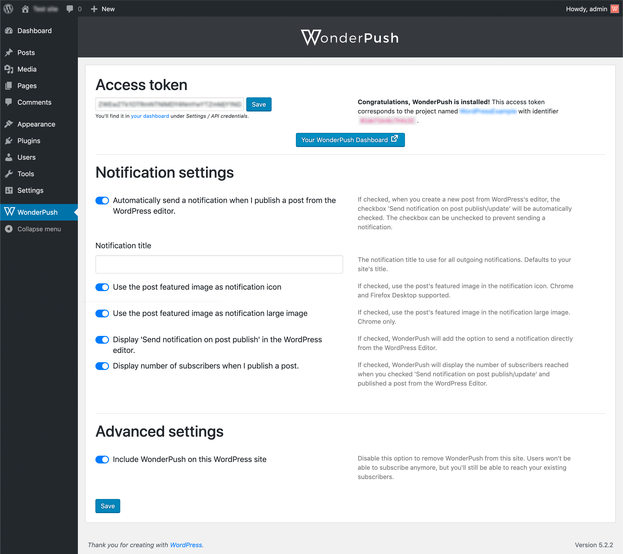 The setup page of our WonderPush plugin for WordPress