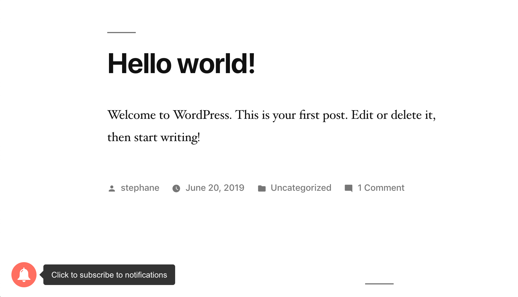 The subscription bell on a WordPress example site