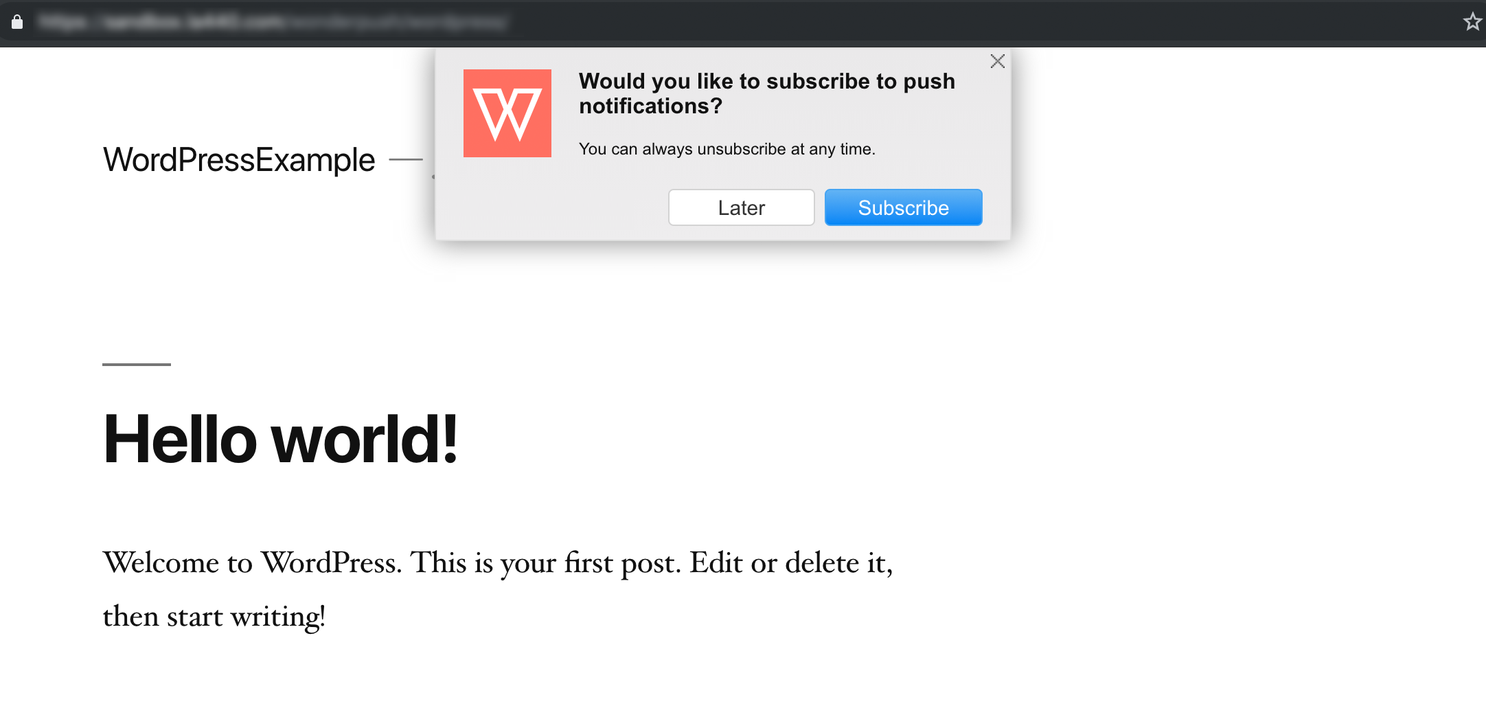 The subscription dialog on a WordPress example site