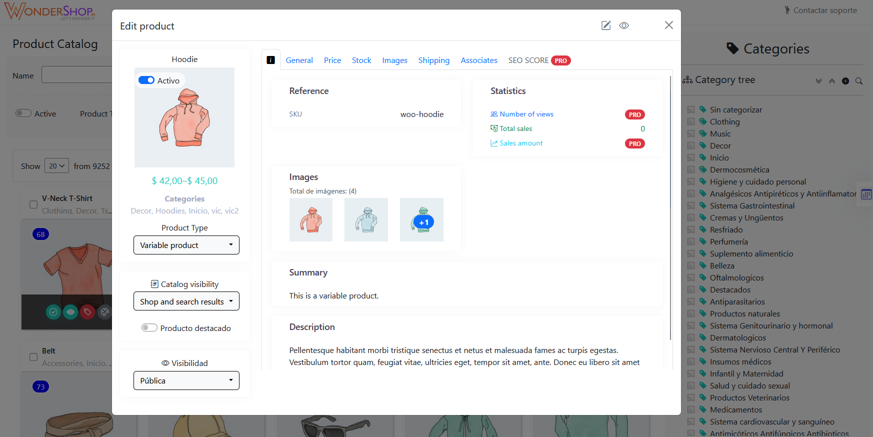 Product editing interface.