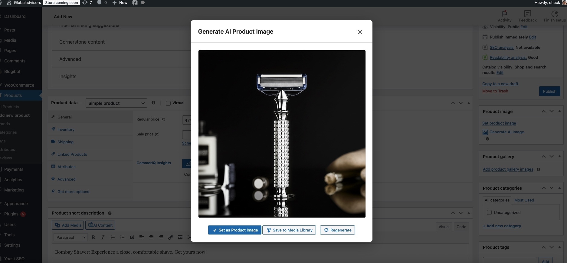 **Product Editor Integration** - AI features seamlessly integrated into WooCommerce