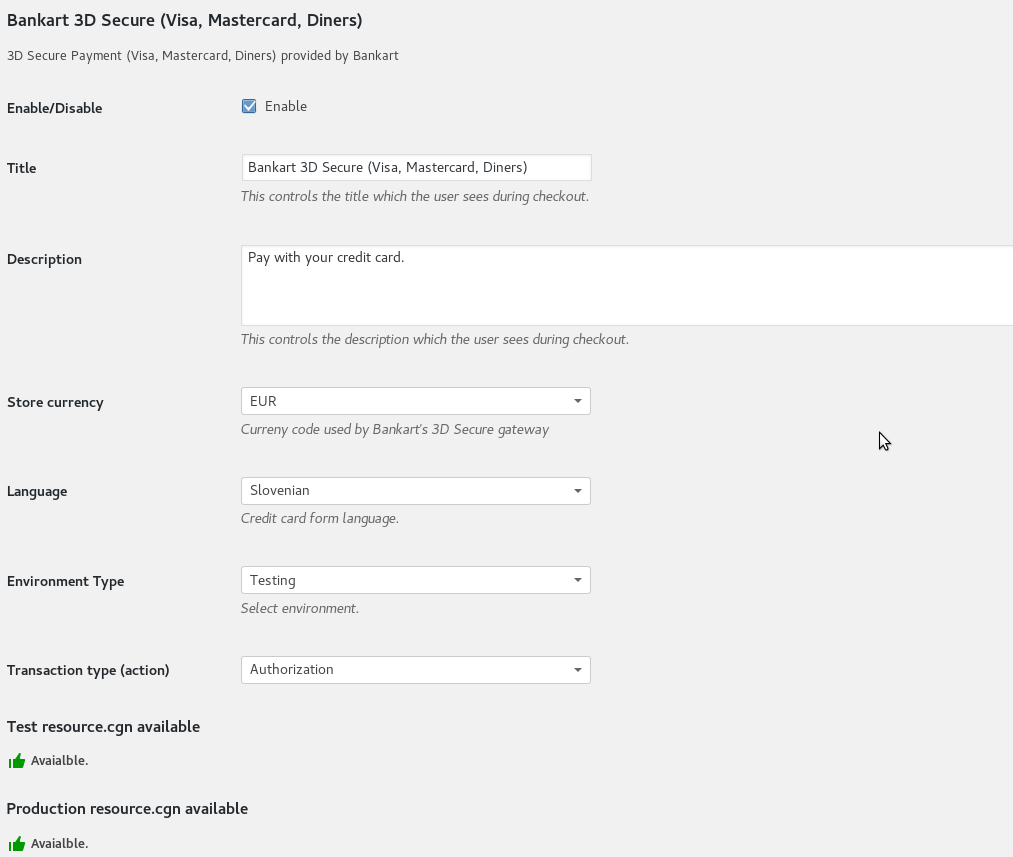 Bankart Payment Gateway settings