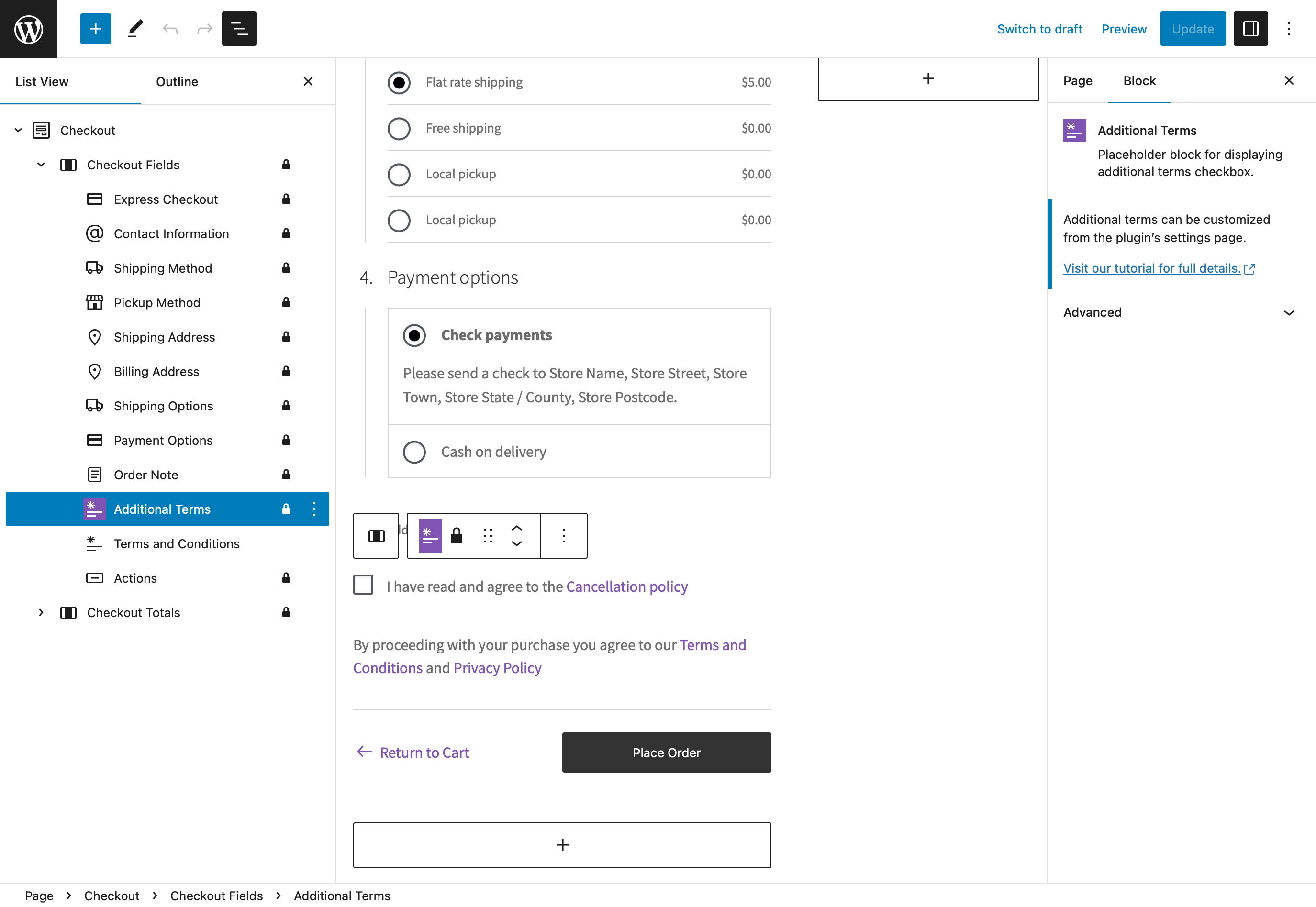 Inserting the Additional terms block inside the WooCommerce checkout block.