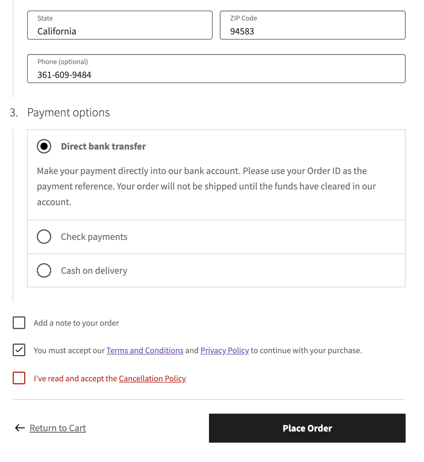 Additional terms and condition checkbox on the WooCommerce checkout block page.