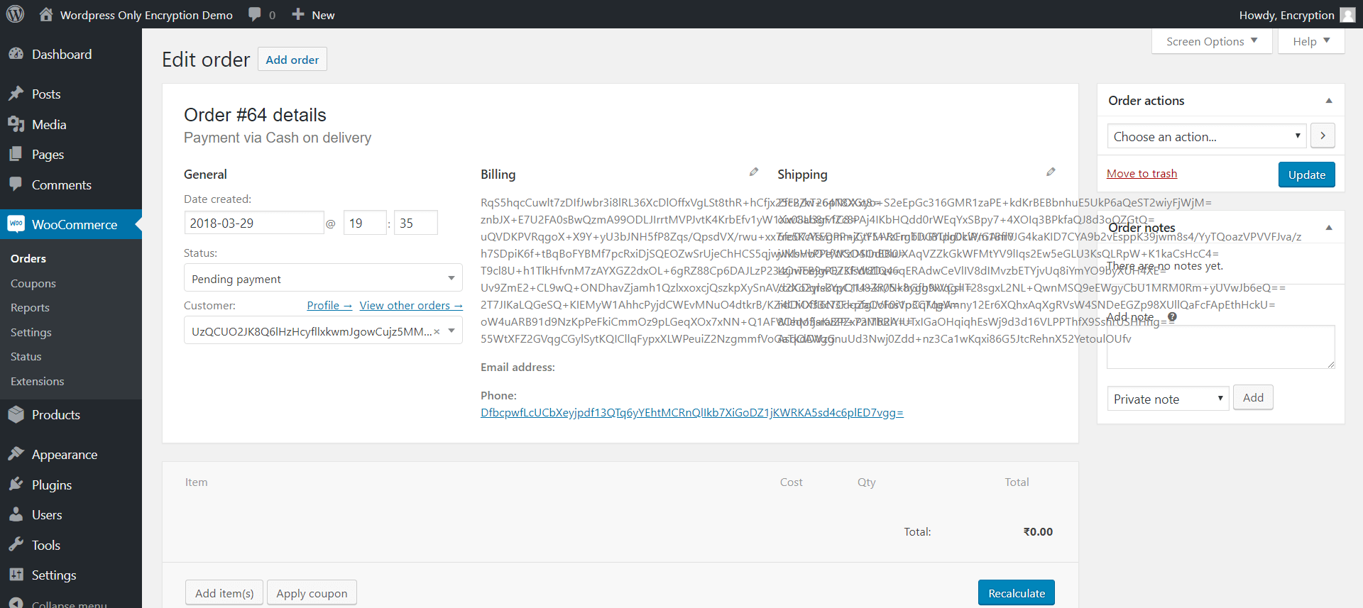 Encrypted Order in Admin