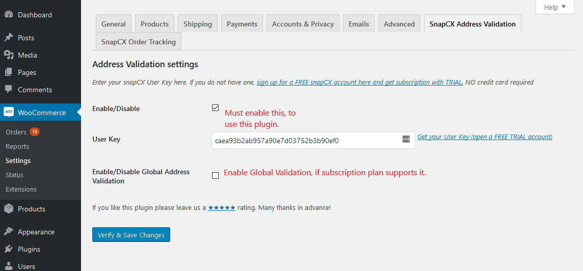 Plugin Settings page. Enable/disable the plugin and enter your user key.