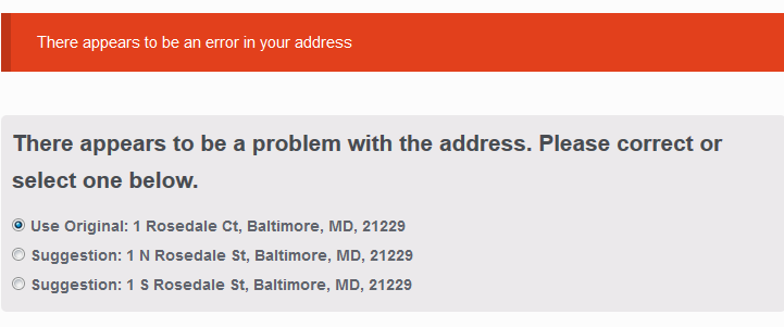 Example Verification. In this example the plugin has provided two corrected address for the customer.