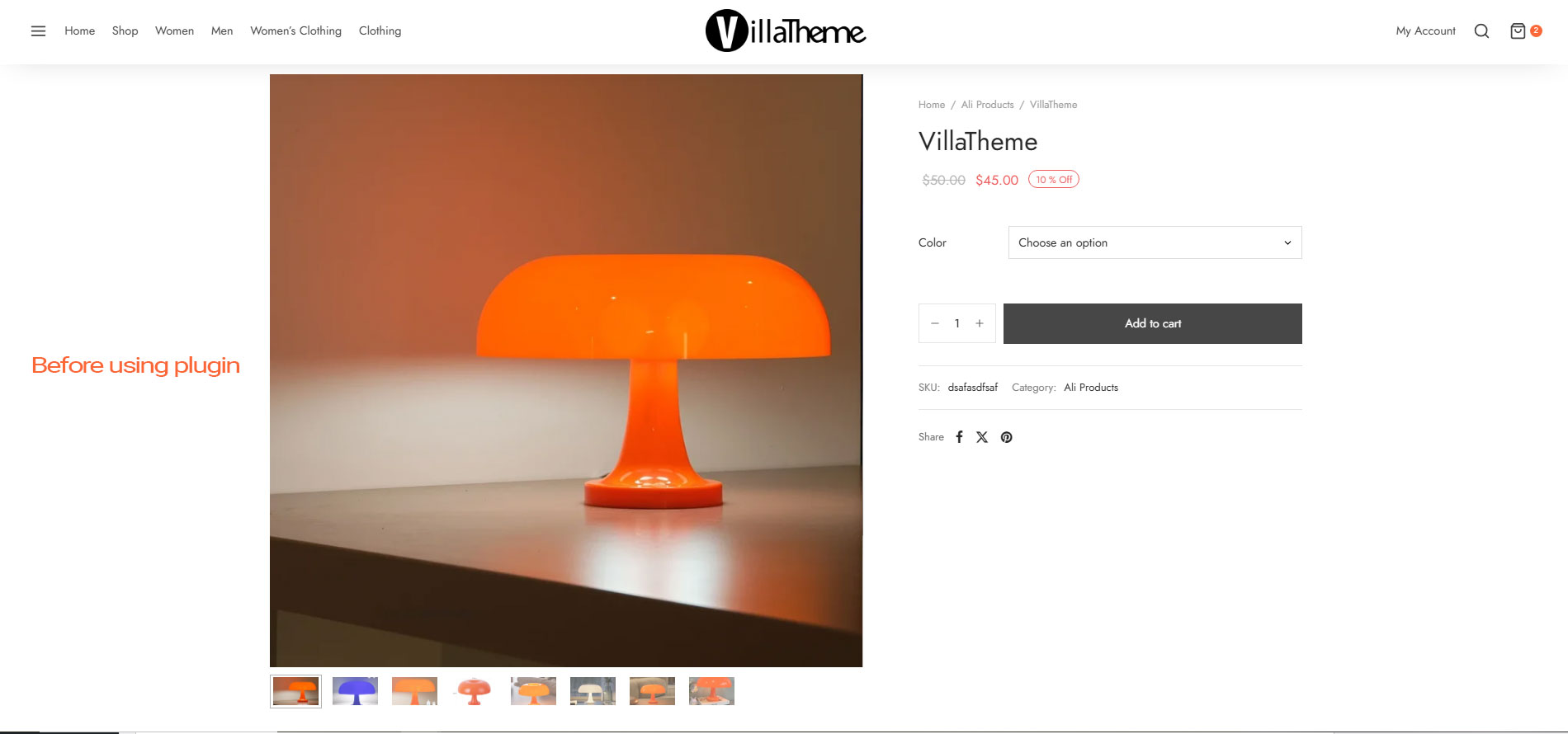 Single product page before using plugin