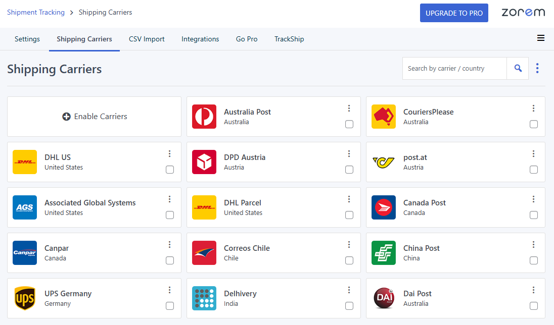 The Shipping Carriers settings page — search, enable, and manage 850+ carriers.