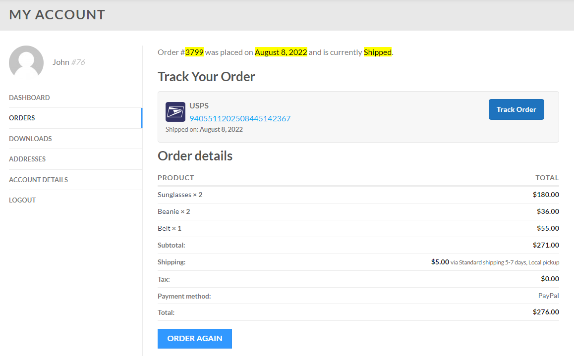 Order list showing shipment tracking column with tracking numbers and carrier info.