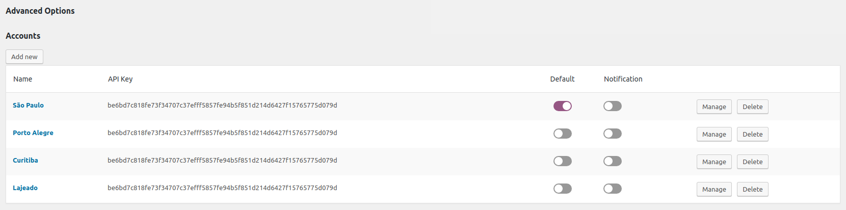 Settings account list