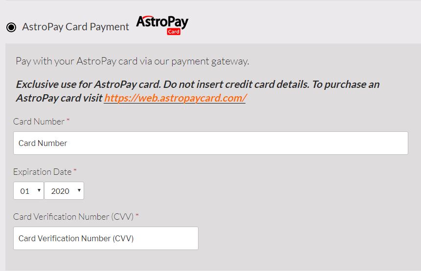 The plugin adds payment options via Astropay to your WooCommerce checkout.