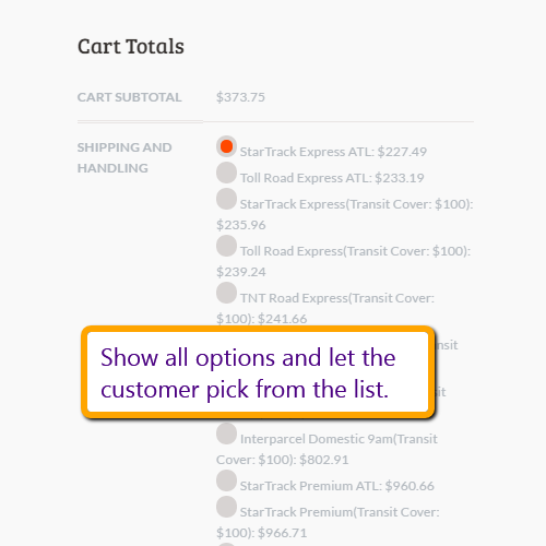 Display a variety of options in your cart so your customers can pick their favourite courier company even if it is not the cheapest.