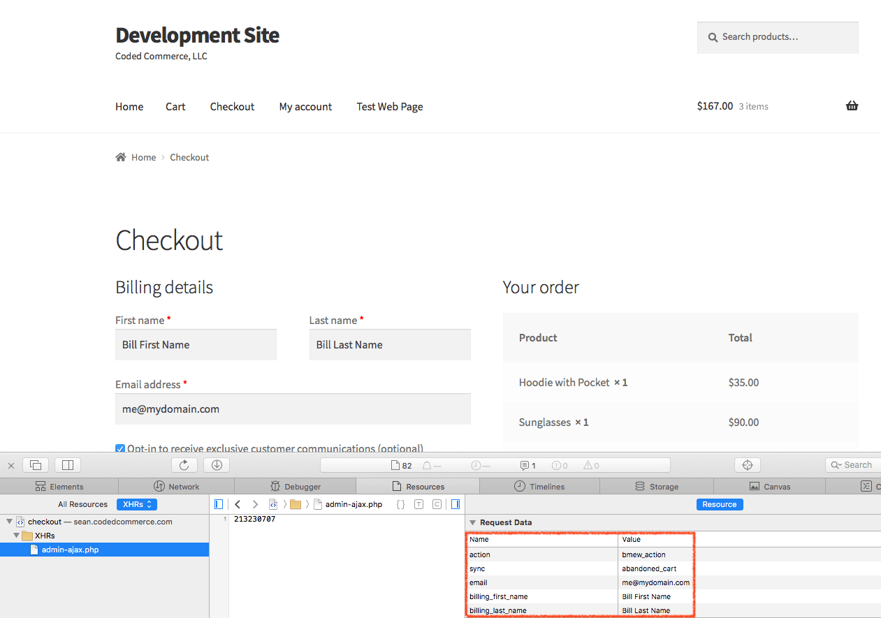 A sample user completing checkout showing the data being captured behind the scenes as viewed from the inspector.