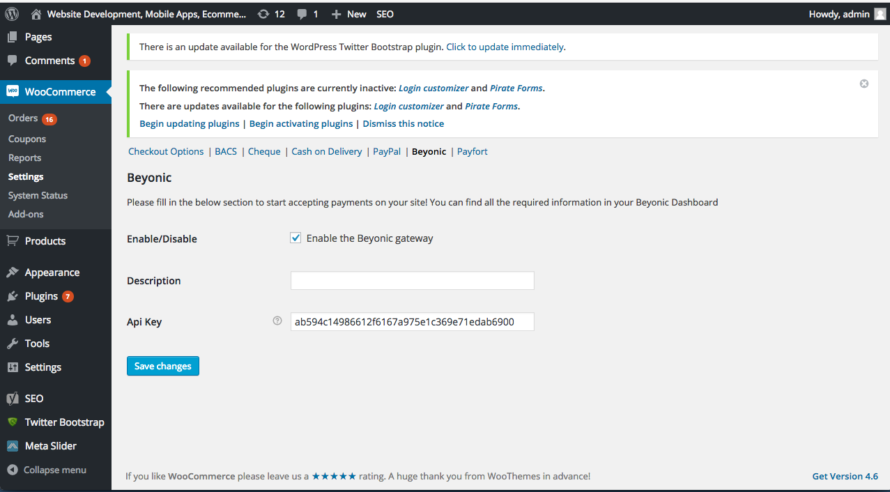 This shows the Beyonic configuration page in WooCommerce admin settings.