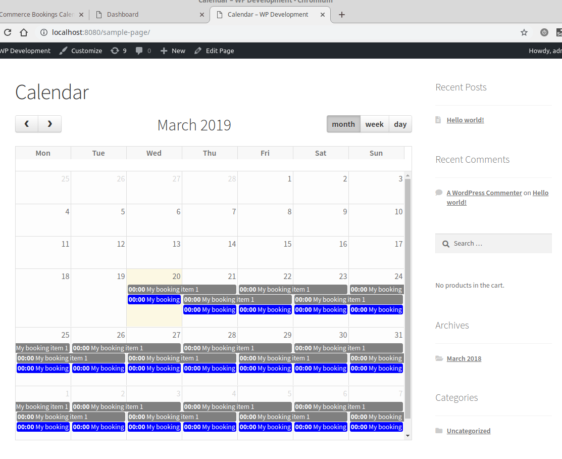 The default calendar view using `[wbc-calendar]` shortcode in page