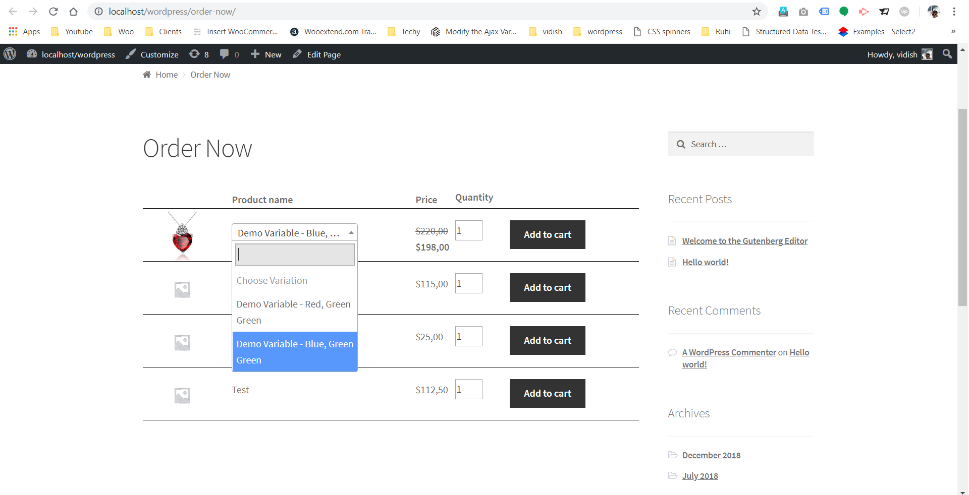 Front-end customers see all products listed and add it to cart.
