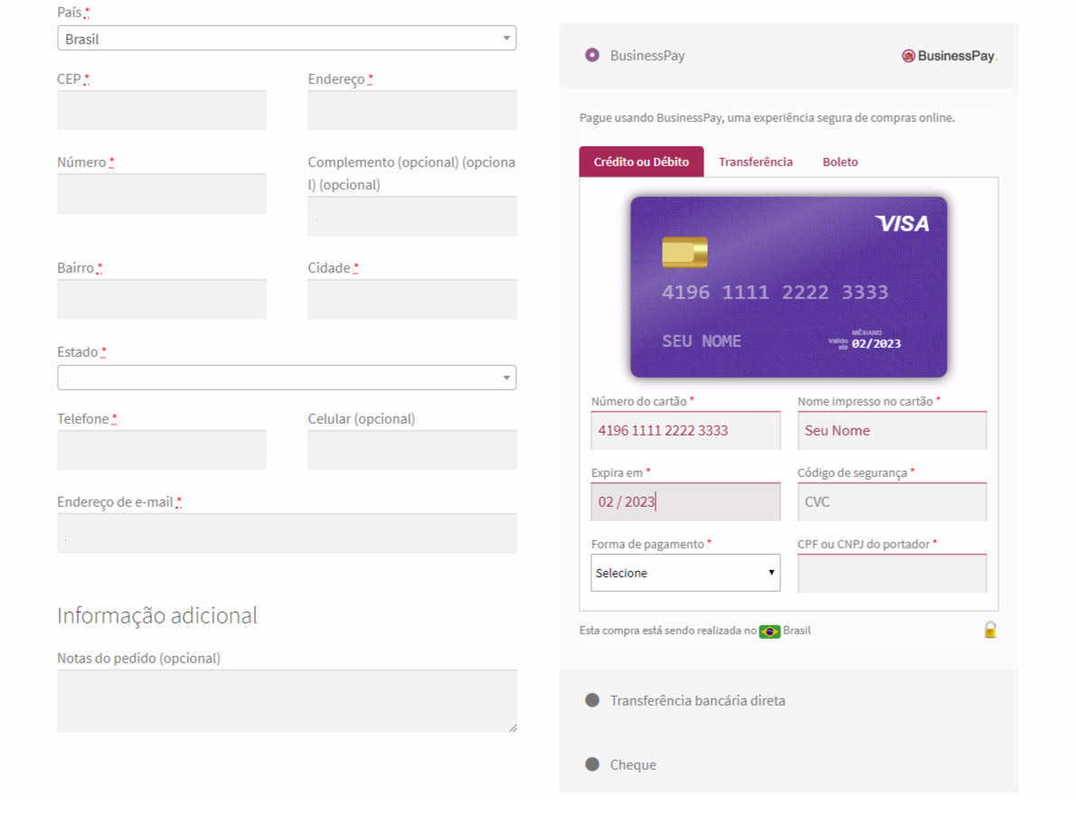 WooCommerce BusinessPay no modo crédito ou débito com Visual Card habilitado na página de finalização do pedido.