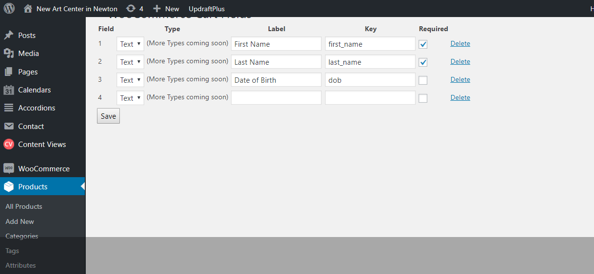 Shows the backend of the plugin at Products>Cart Fields with a few example pages