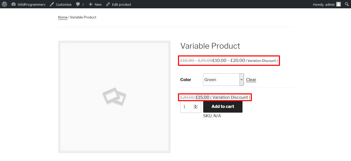 Discount for variable product on single product page