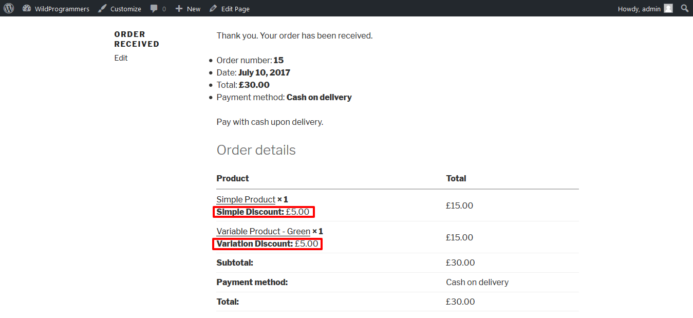 Discount on thankyou page